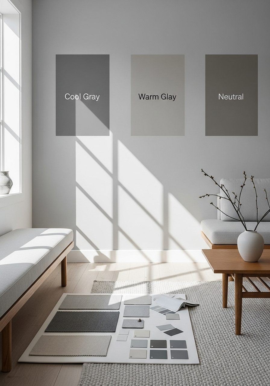 Three shades of gray paint on a living room wall under natural light, with fabric samples and color swatches