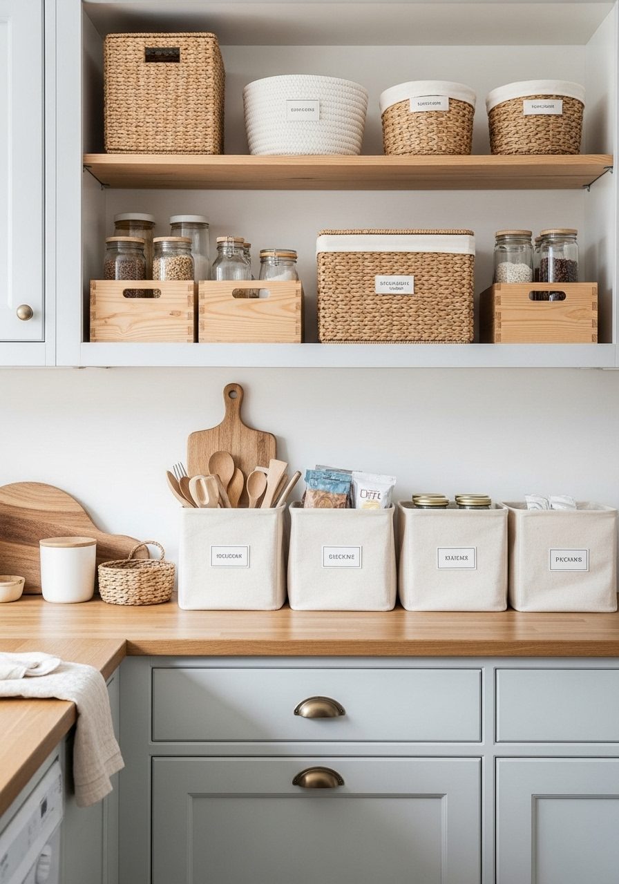 Top of kitchen cabinets used for stylish hidden storage with baskets and crates