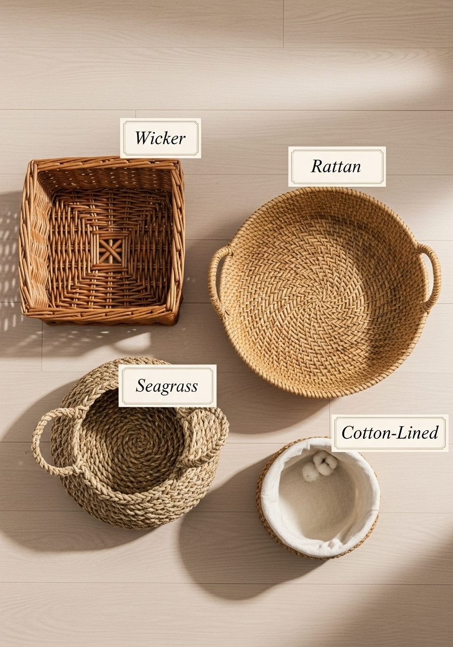 Top view of wicker, rattan, seagrass, and cotton-lined baskets on a wooden floor