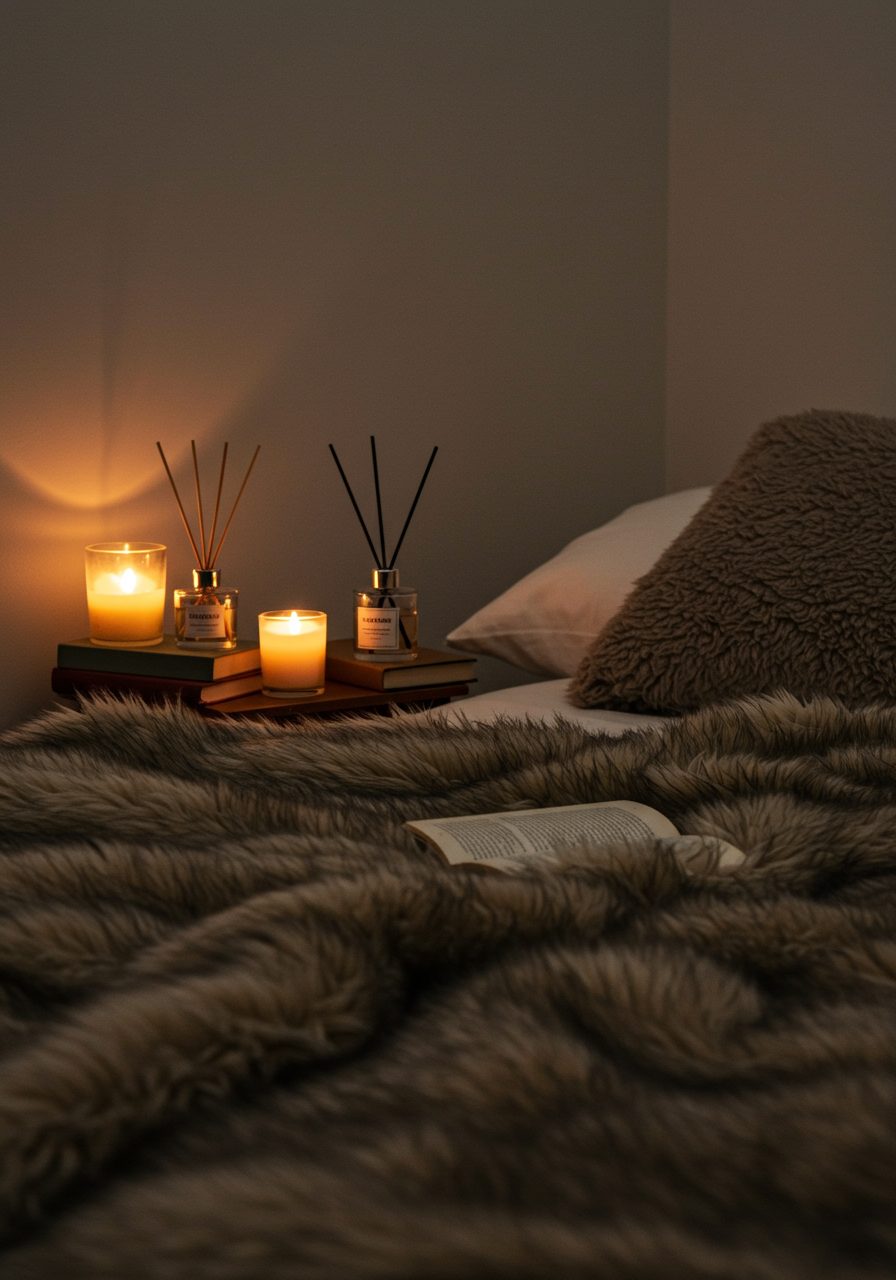 Touch, sound, and scent layers create comfort in a dark bedroom