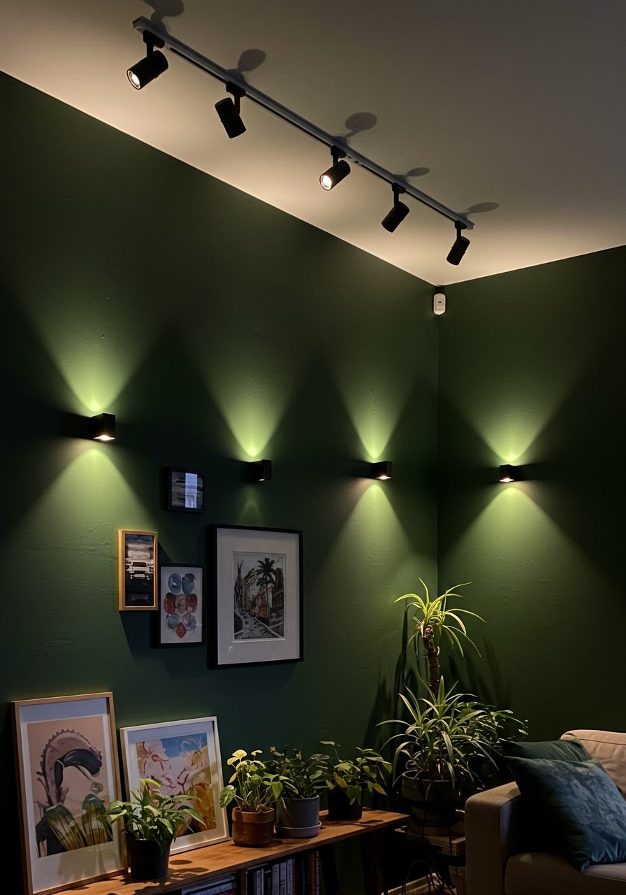 Track lighting highlighting a sloped living room wall with art and decor