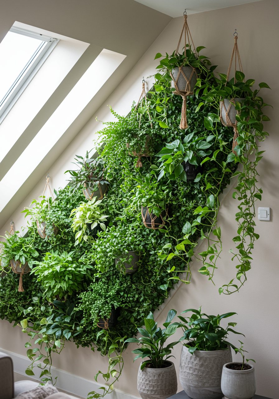 Trailing plants and greenery decorating a living room angled wall