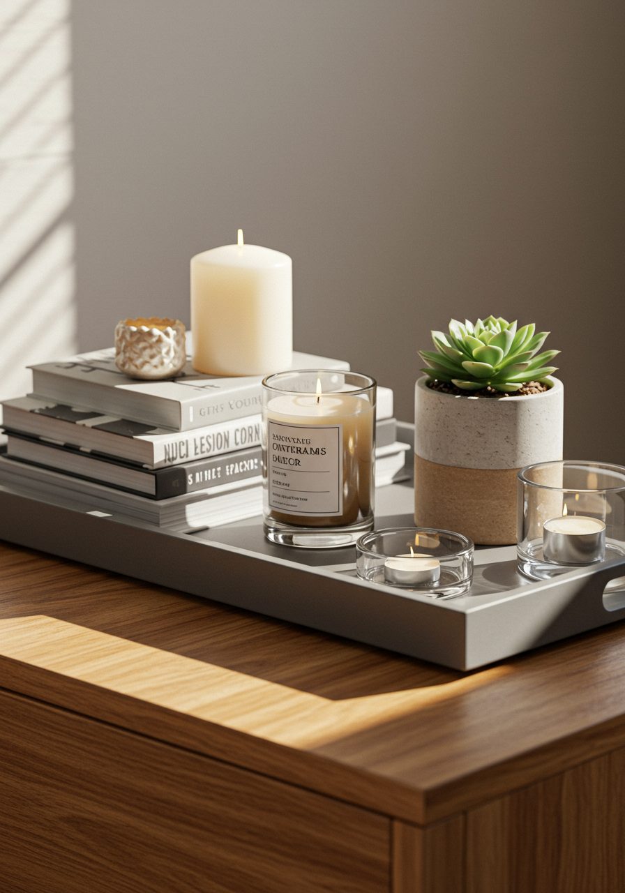 Tray with books, candle, and plant styled on wooden sideboard