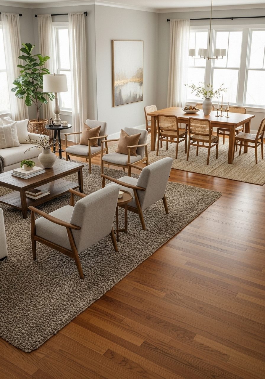 Unified wood flooring across living and dining zones with accent rugs to separate spaces