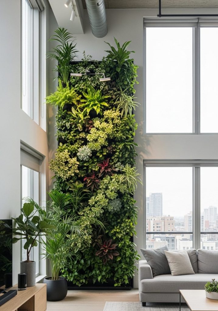 Vertical garden with indoor plants in an urban living room.