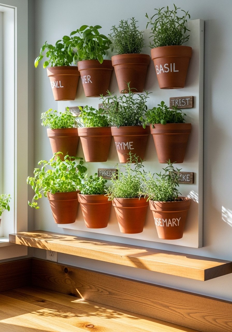 Vertical herb garden with potted herbs on a sunny kitchen wall