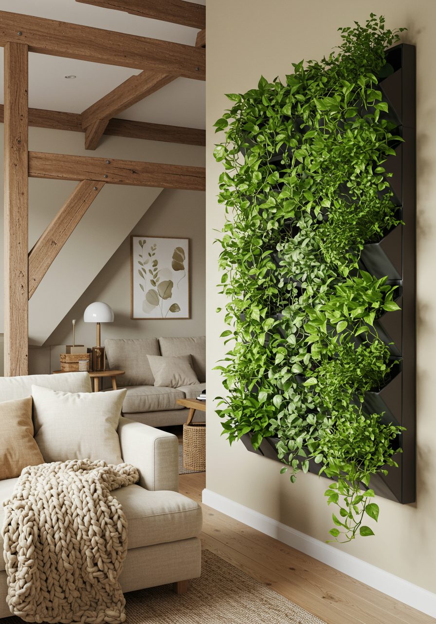 Vertical plant wall adds greenery and freshness to a spacious living room