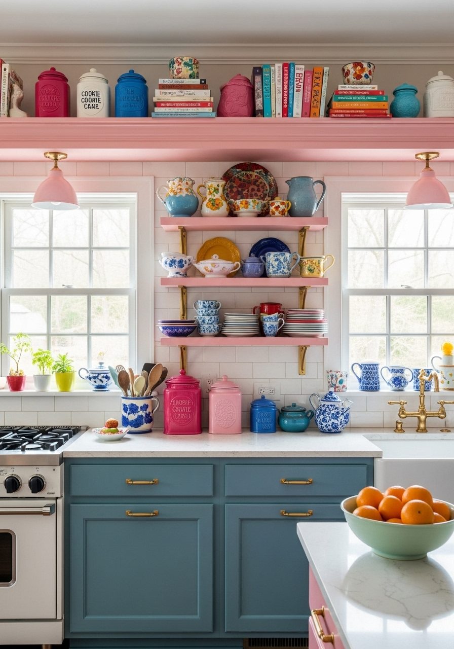 Vintage decor above cabinets featuring cookie jars, books, and eclectic collectibles