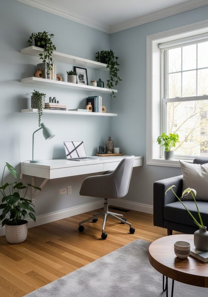 Wall-mounted desk with floating shelves in a compact living room