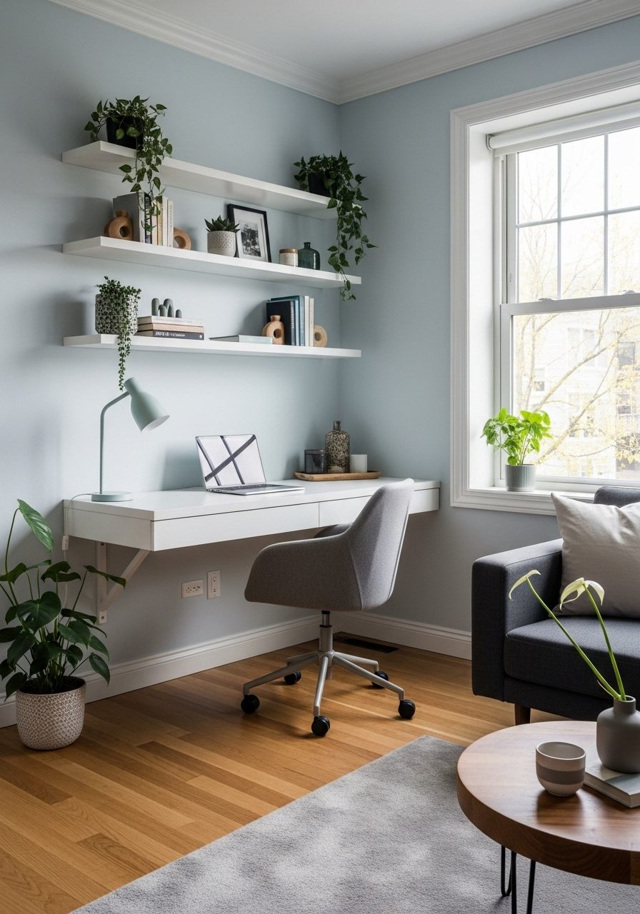 Wall-mounted desk with floating shelves in a compact living room