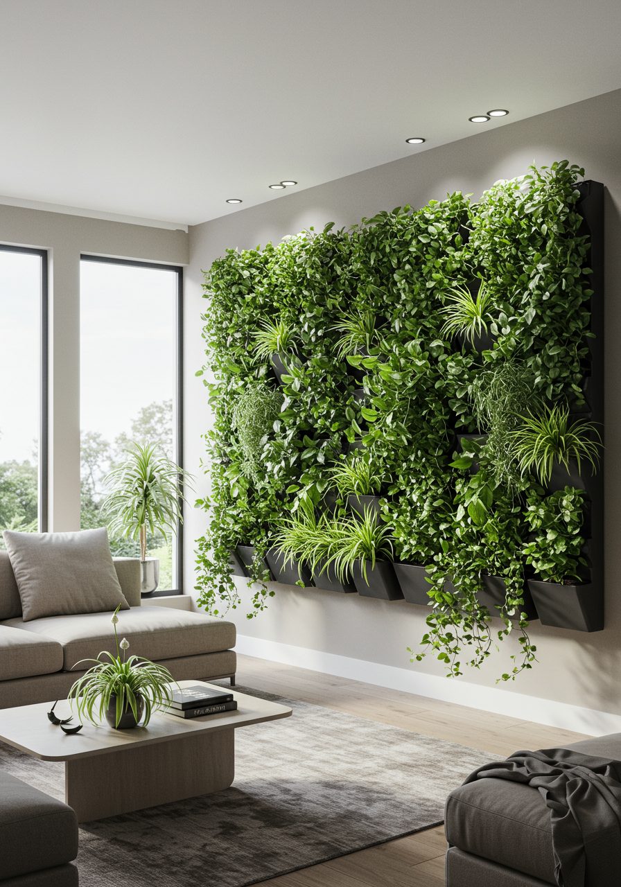 Wall-mounted indoor plants decorating a long living room wall