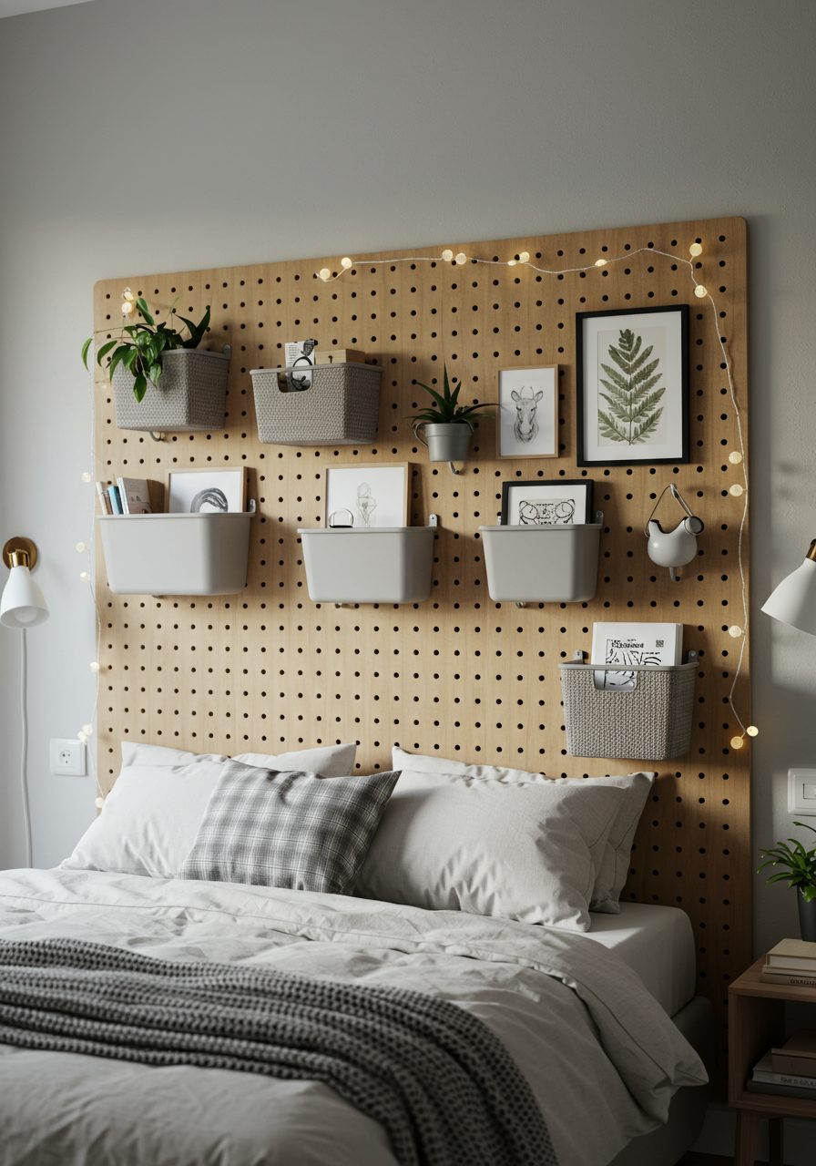 Wall-mounted pegboard system providing storage and visual interest without headboard