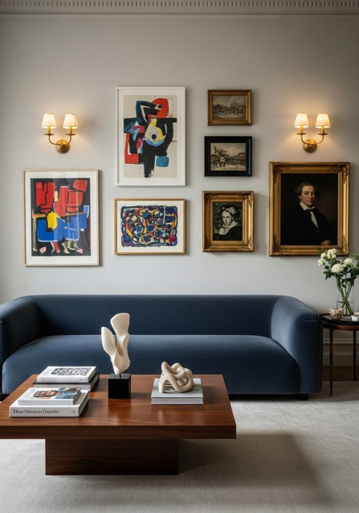 Wall-mounted sconces highlighting artwork in an elegant living room