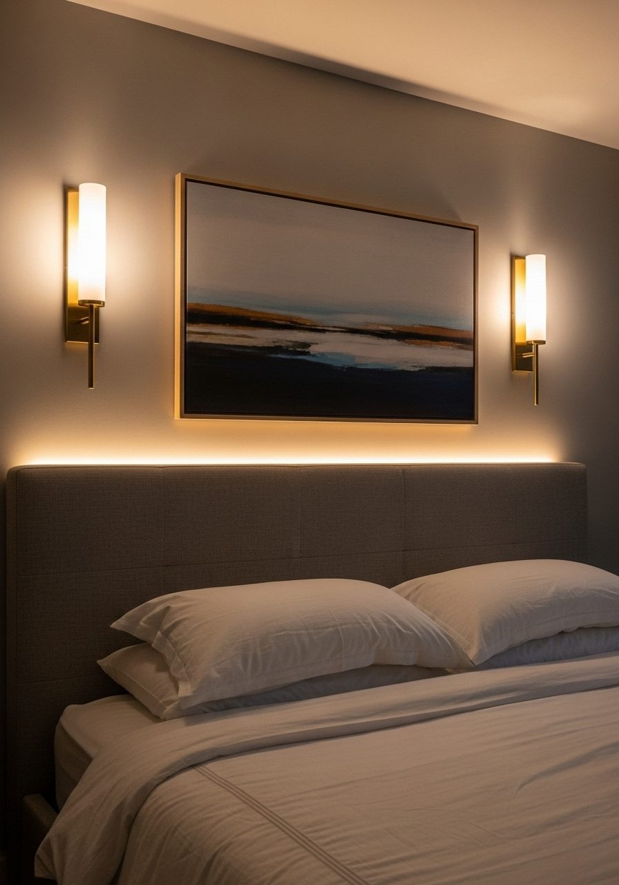 Wall sconces and LED lighting illuminate a large bedroom wall with warmth
