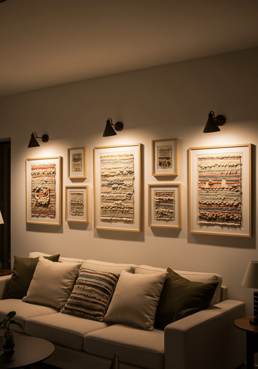 Wall sconces and picture lights highlighting textile art on a long living room wall
