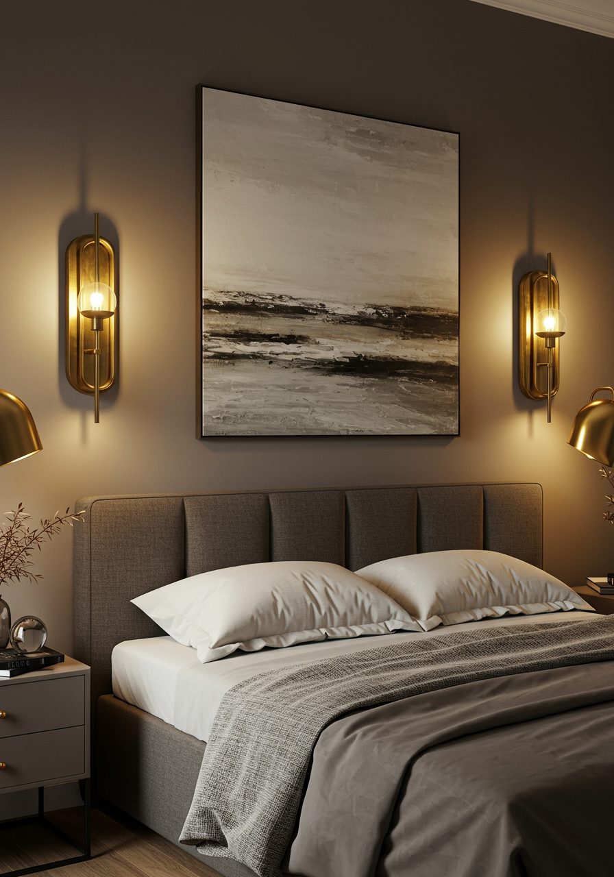 Wall sconces providing ambient lighting on a decorated large bedroom wall