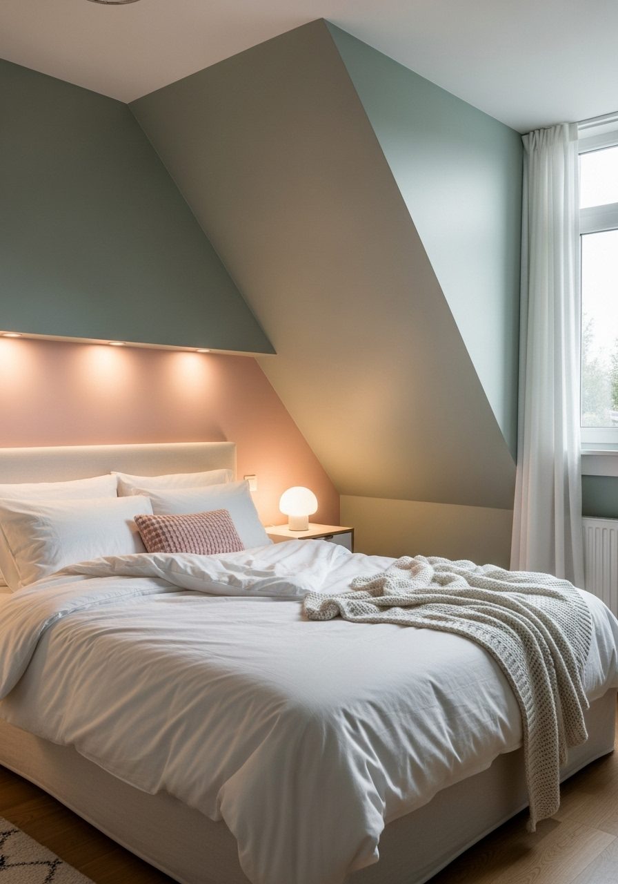 Warm and calming color palette used to enhance the mood of a slanted wall bedroom