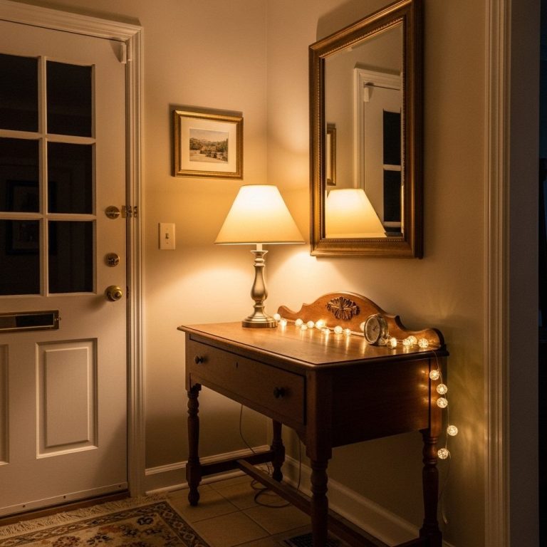 Warm-lit entryway table with lamp and decorative lighting