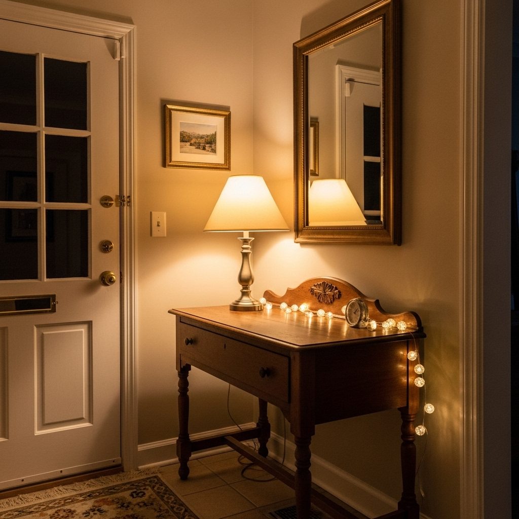 Warm-lit entryway table with lamp and decorative lighting