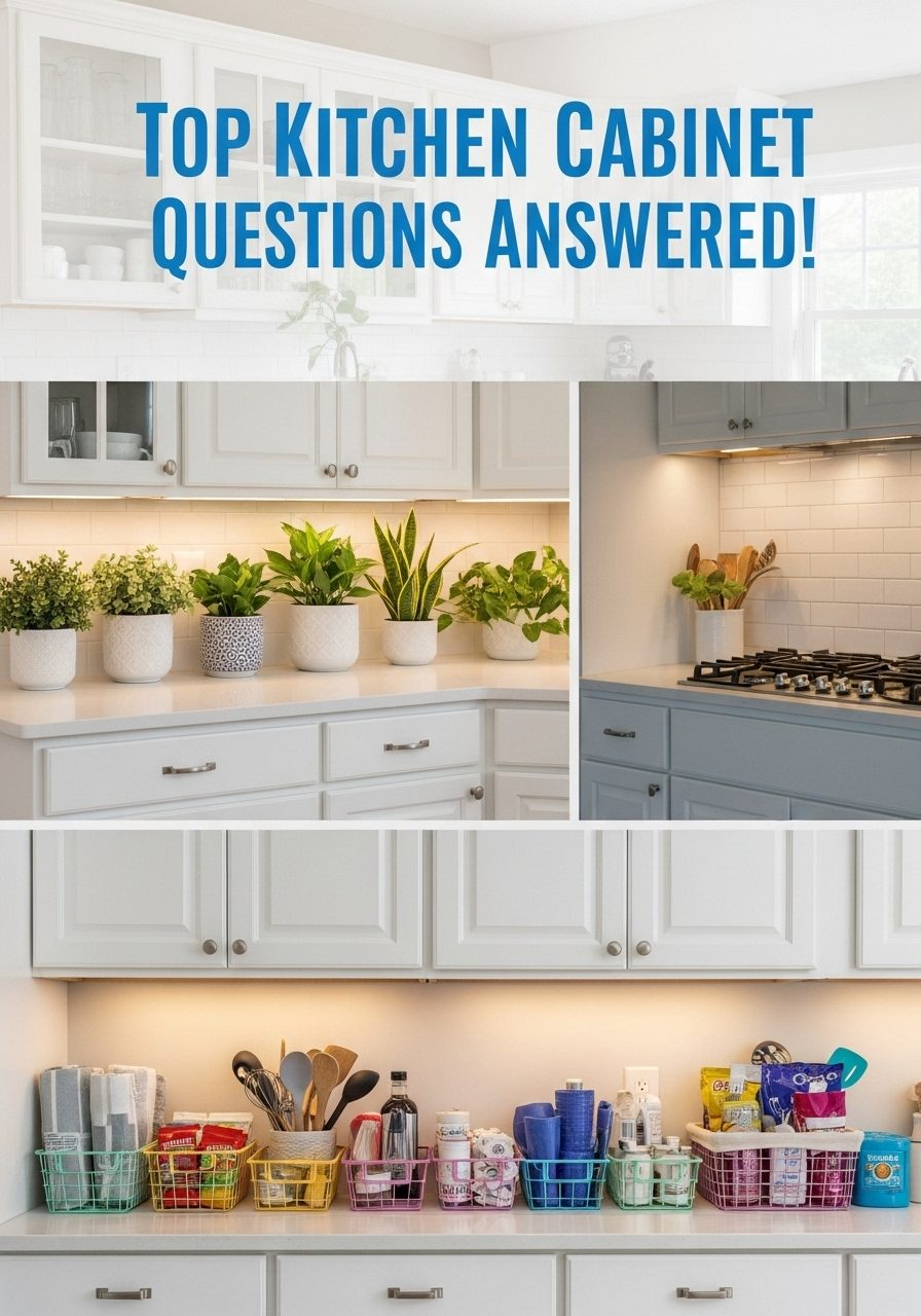 Well-decorated kitchen cabinet tops with text overlay for FAQ visual