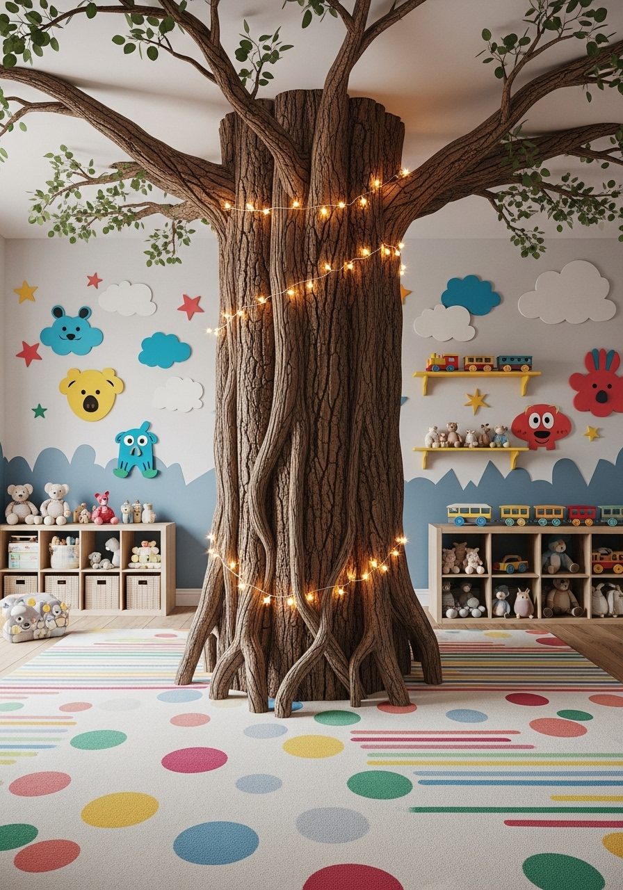 Whimsical pillar design in kids’ room decorated with tree texture and string lights