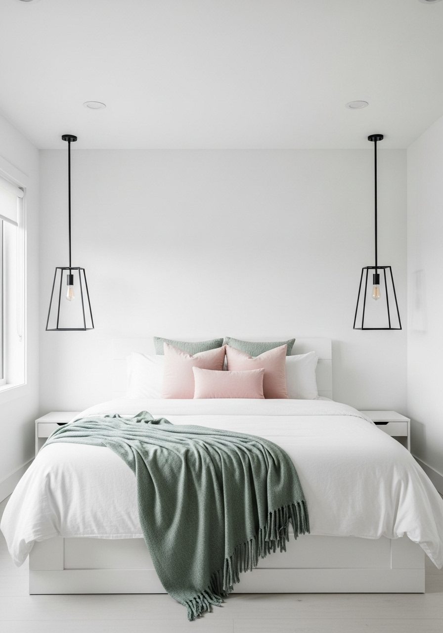 White bedroom accented with soft pastel colors and contrast elements for balance