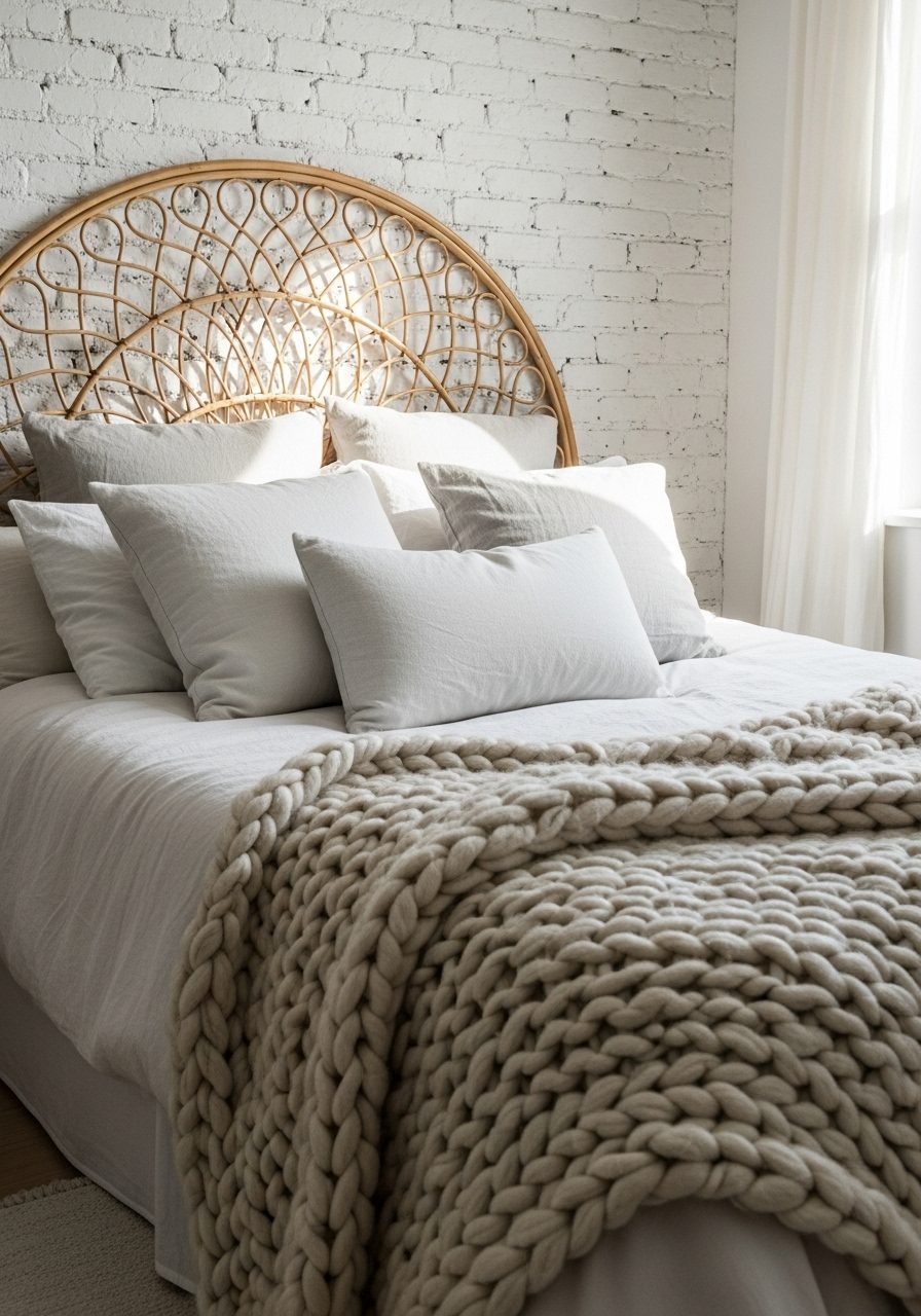 White bedroom filled with textured decor like knits, linen, and rattan for warmth and interest