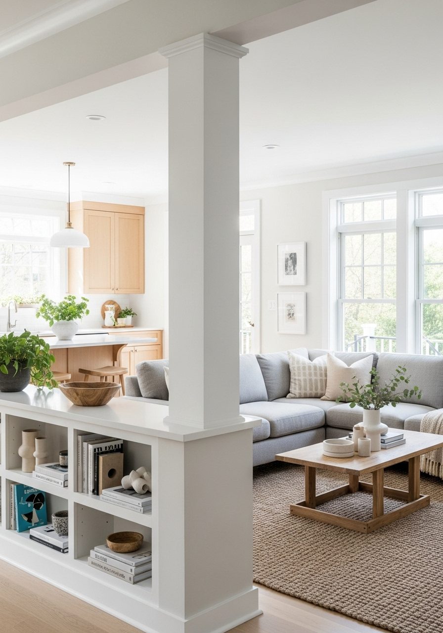White column with half-wall bookshelf used as room divider in modern open-concept living room