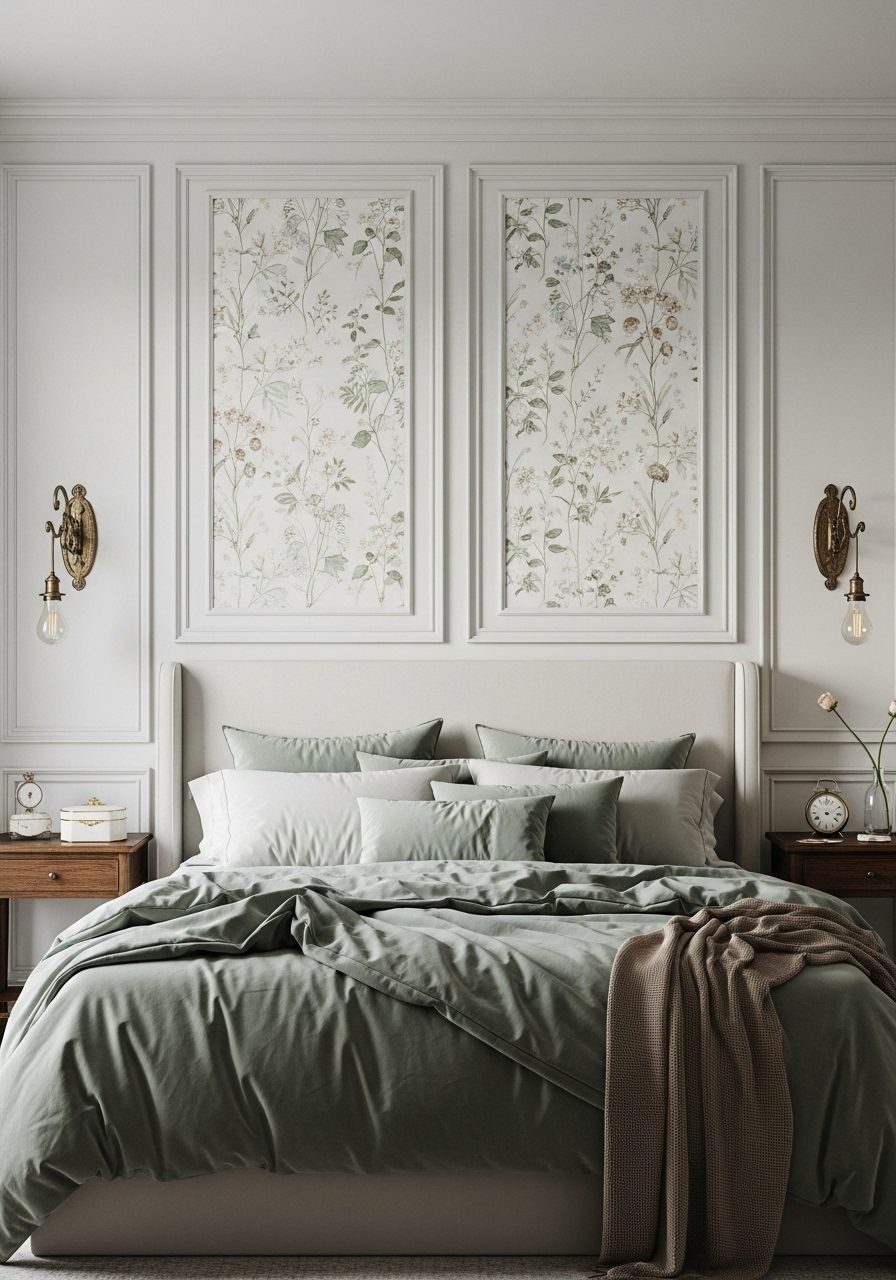 White wall paneling with framed wallpaper panels as large bedroom wall decor
