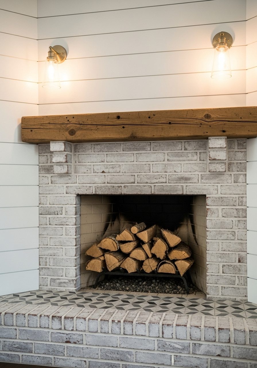 Whitewashed brick corner fireplace with rustic wood mantel and geometric tile base in a modern farmhouse living room