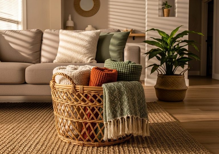 Wicker basket with throw blankets beside a neutral sofa in a cozy, modern living room