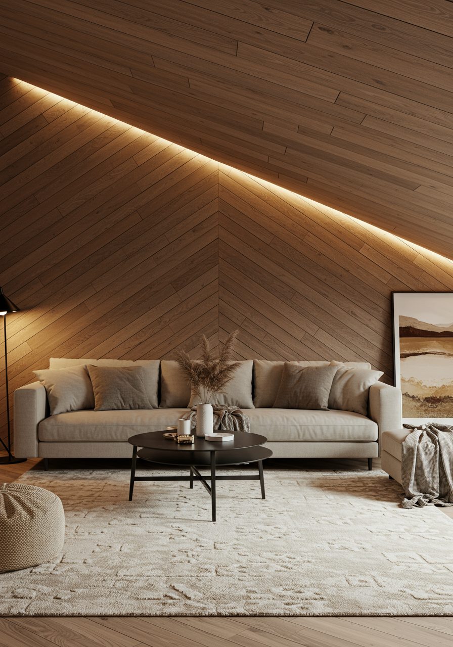 Wood panel texture applied to an angled wall in a modern living room
