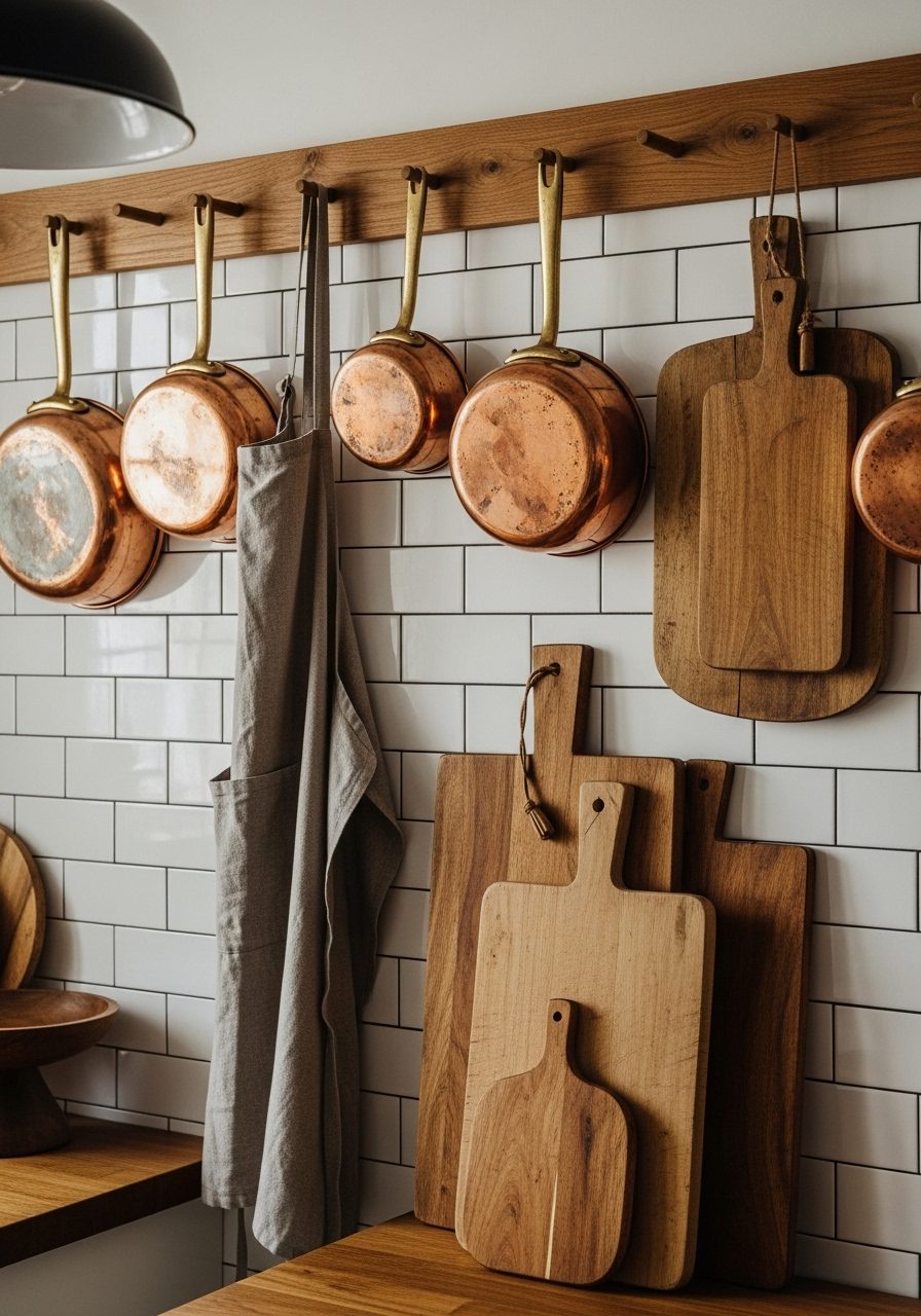Wooden peg rail with hanging cookware and textiles in a rustic kitchen