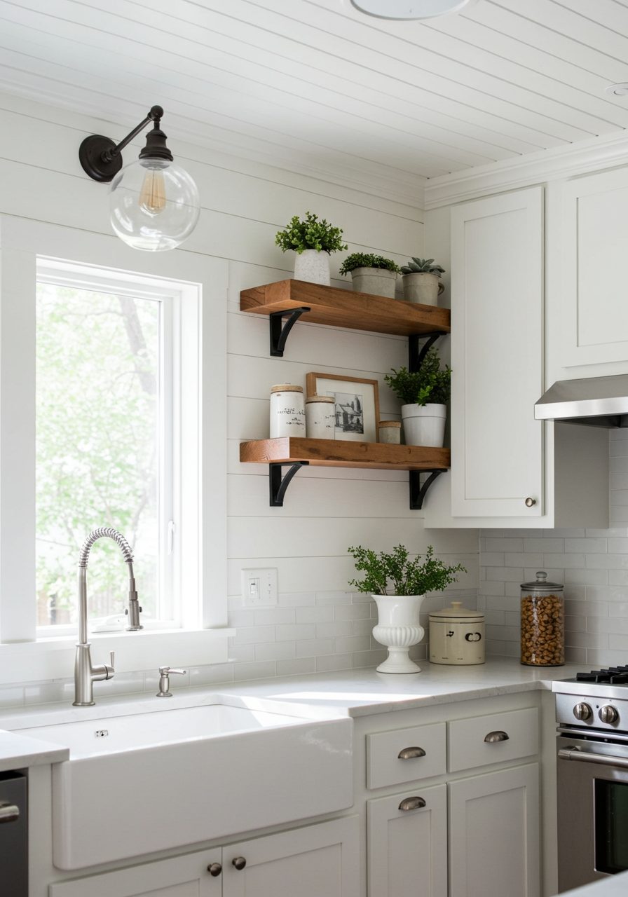 Wooden shelf installed above kitchen soffit displaying plants and decor items