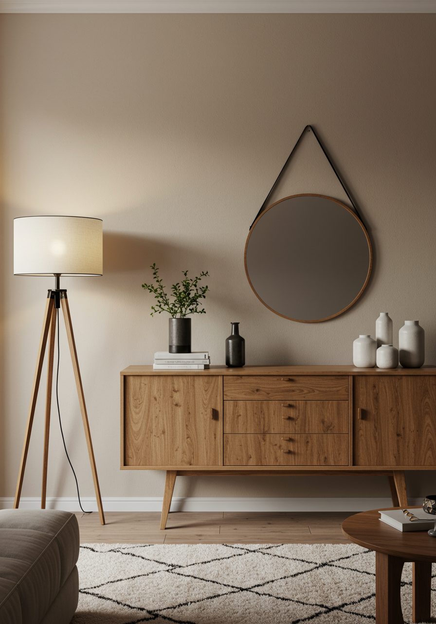 Wooden sideboard styled with mirror, lamp, and plants in a neutral modern living room