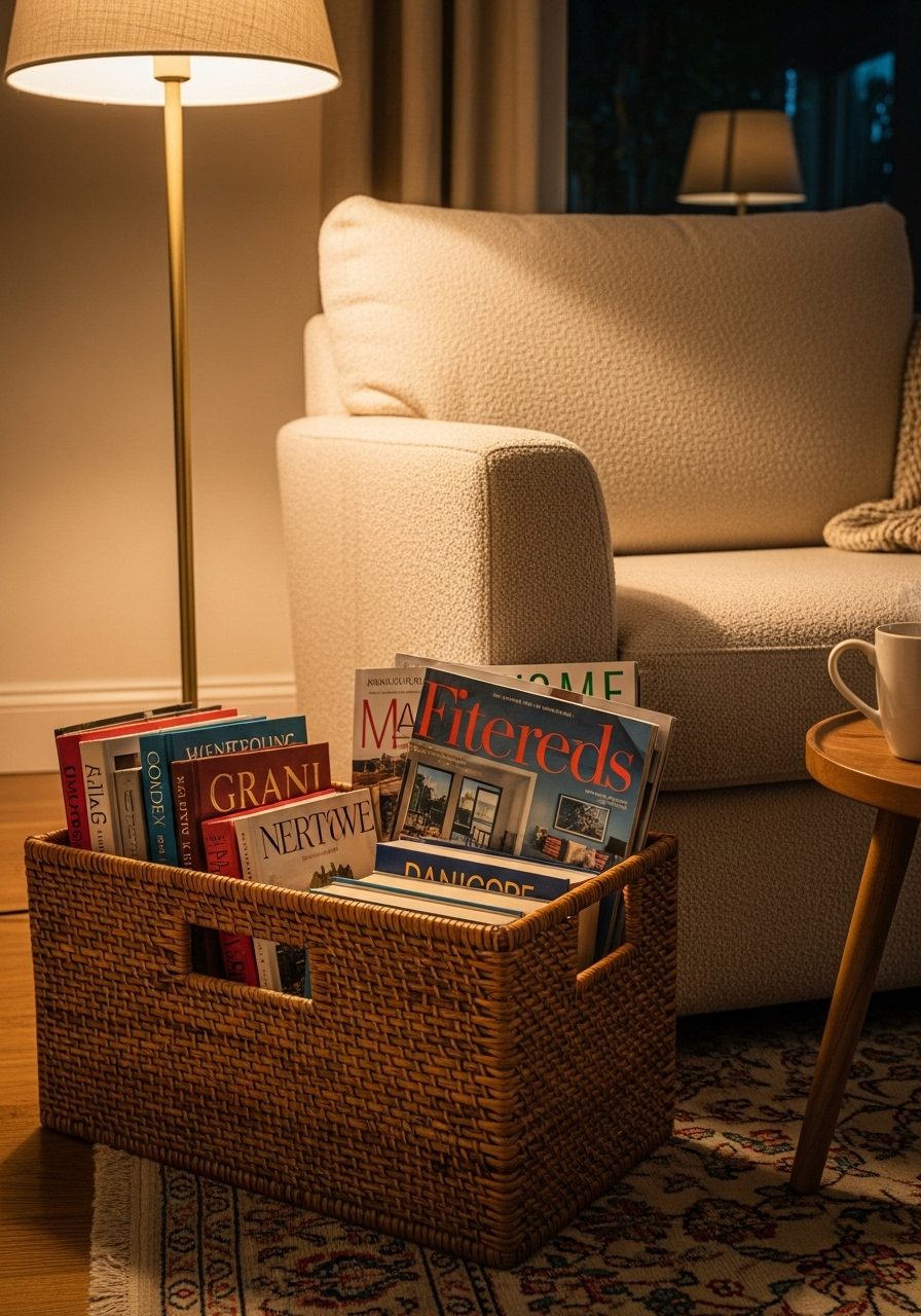 Woven basket with books and magazines beside a cozy reading nook