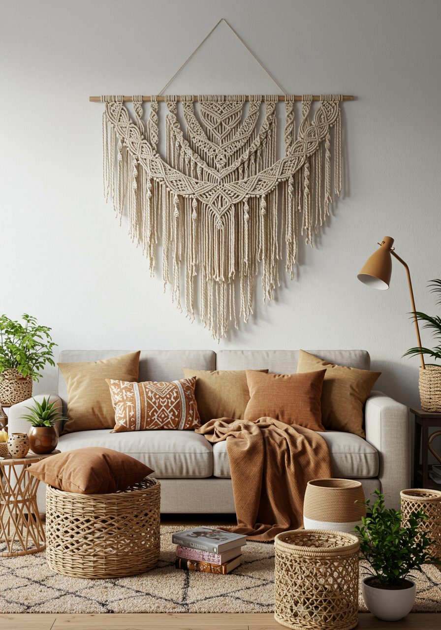 Woven baskets and macrame decor bring warmth to a big living room wall
