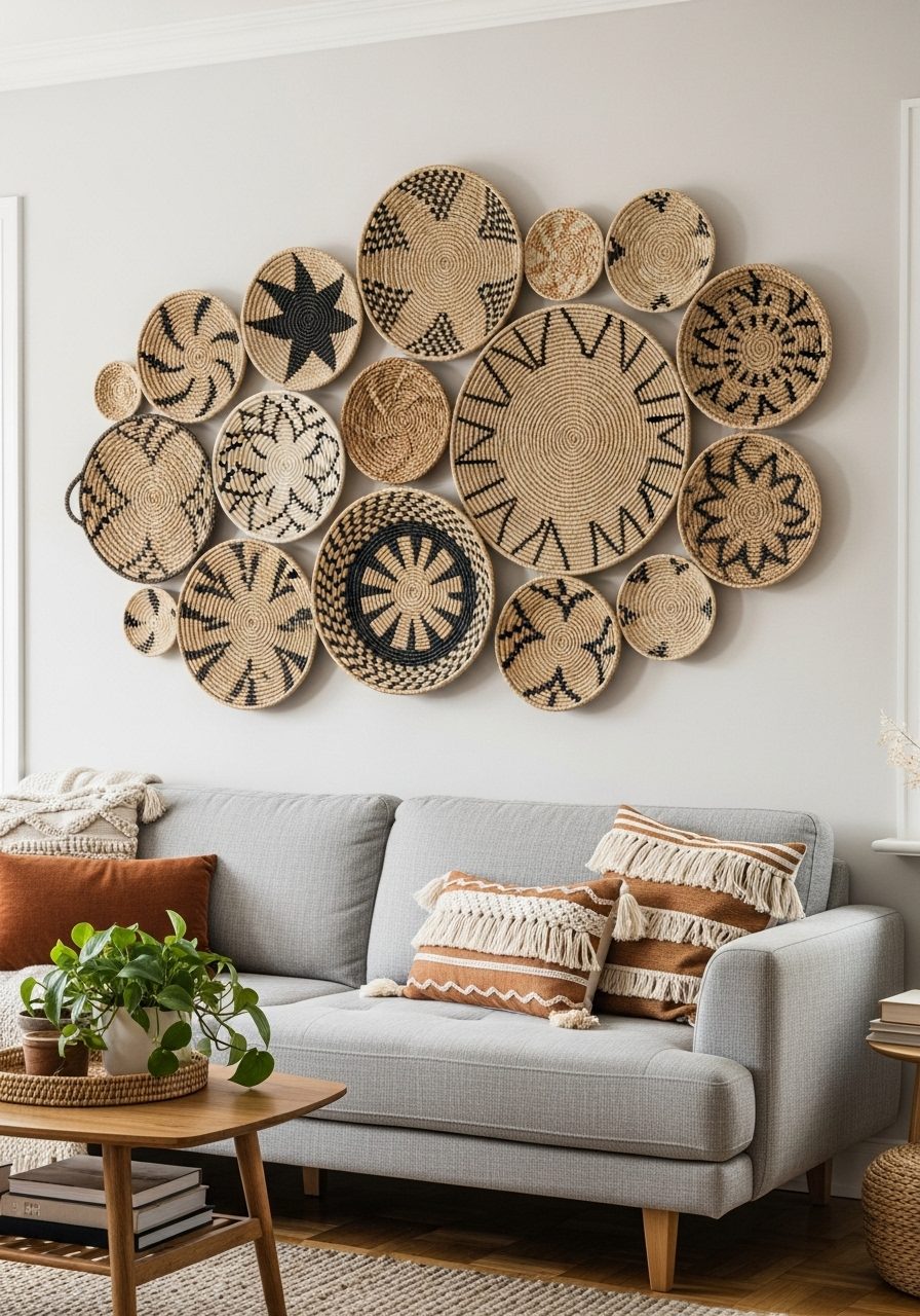 Woven baskets displayed as wall art above a living room sofa