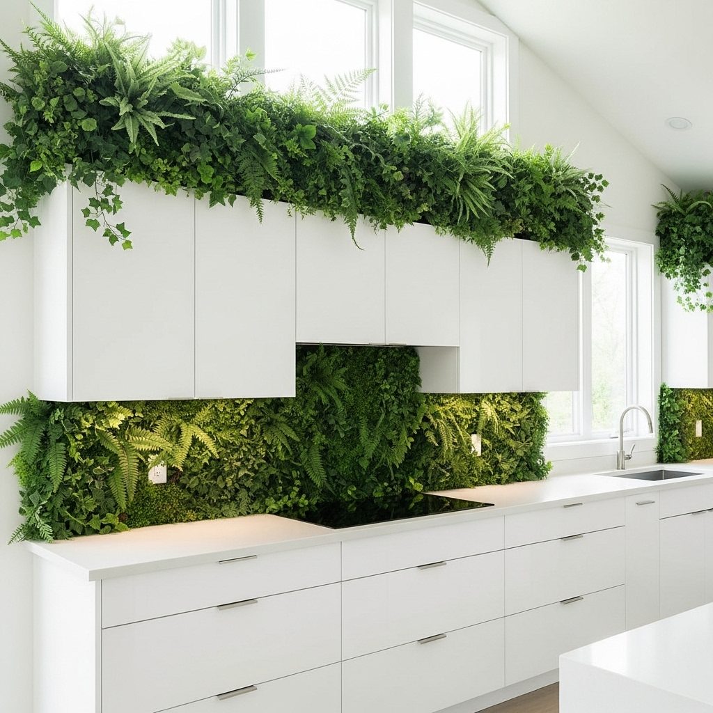 artificial plants decor above kitchen cabinet