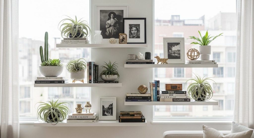 how to decorate a long wall in living room using stylish floating shelves with renter-friendly decor ideas.