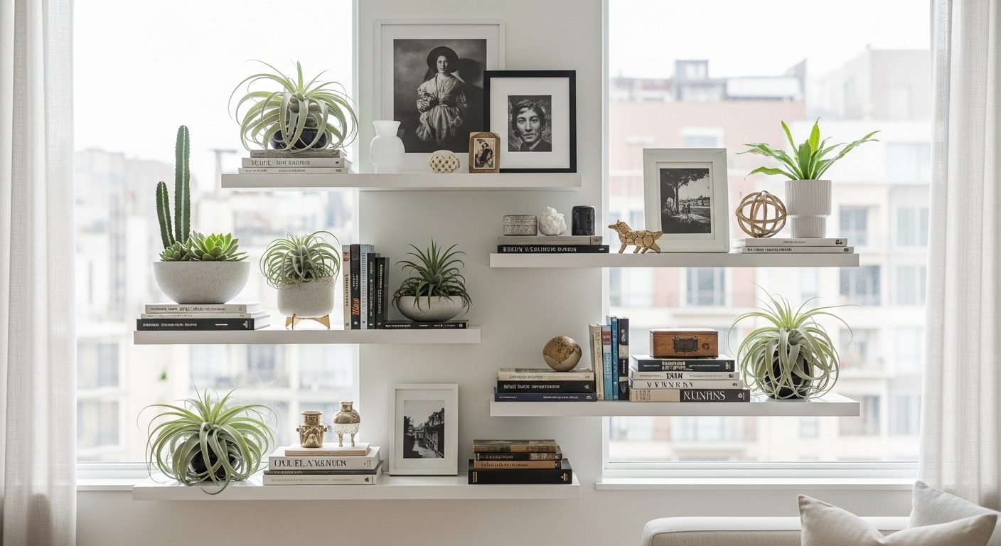 how to decorate a long wall in living room using stylish floating shelves with renter-friendly decor ideas.