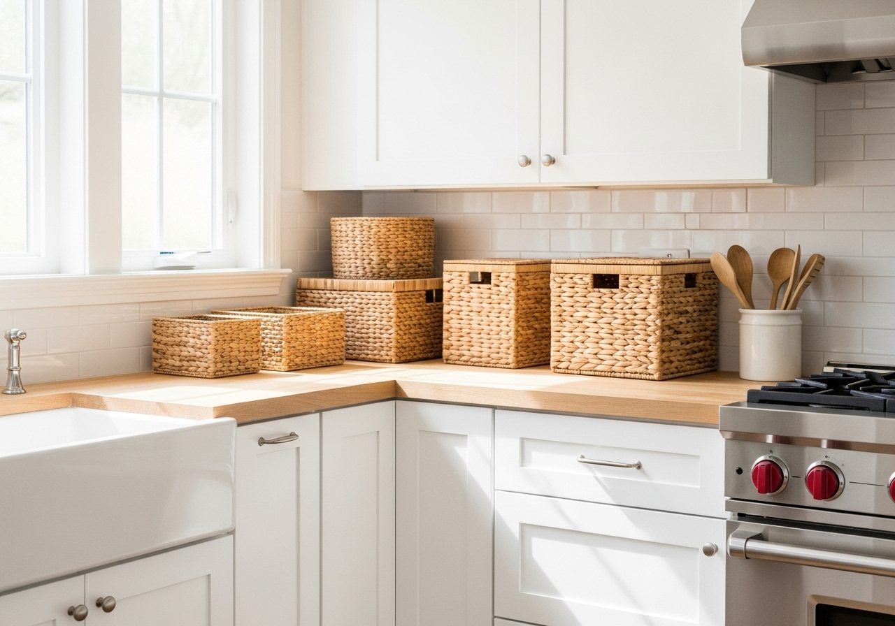 woven baskets storage decor kitchen cabinet