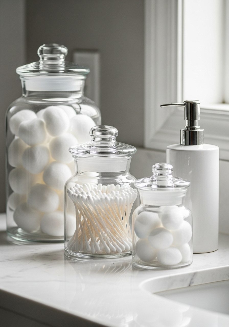 Apothecary jars and ceramic containers for bathroom vanity organization