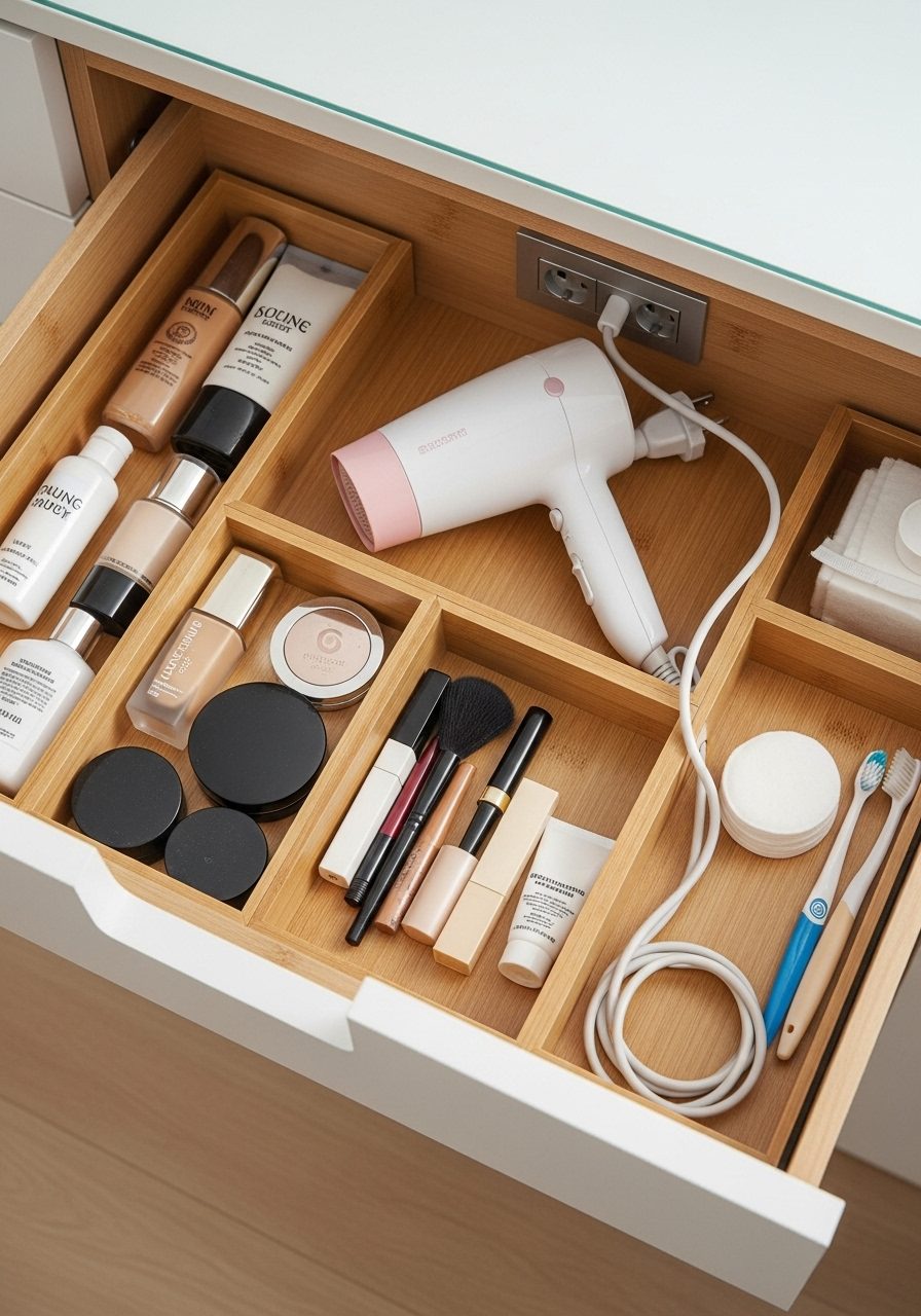 Bathroom vanity drawer with built-in outlet and organized storage