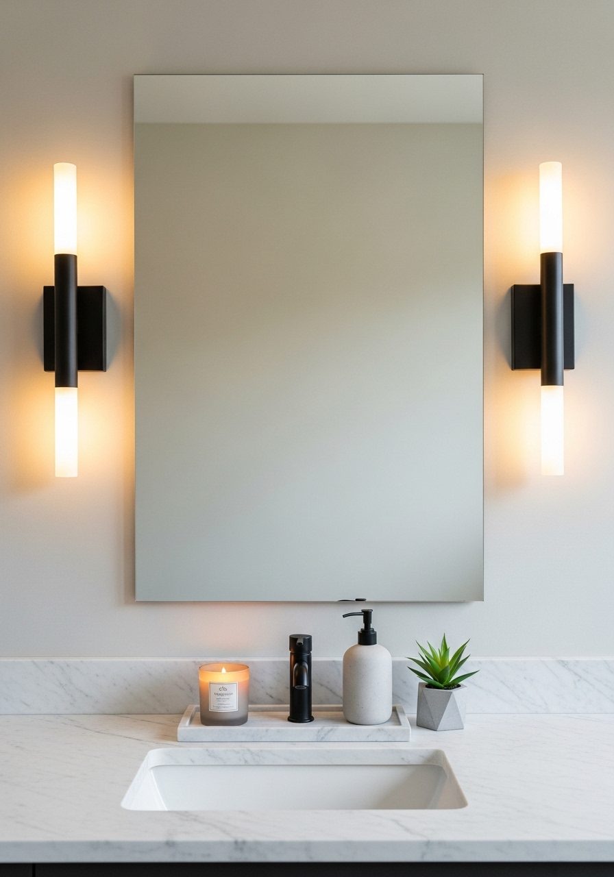Bathroom vanity tray with candle and plant under soft mirror lighting