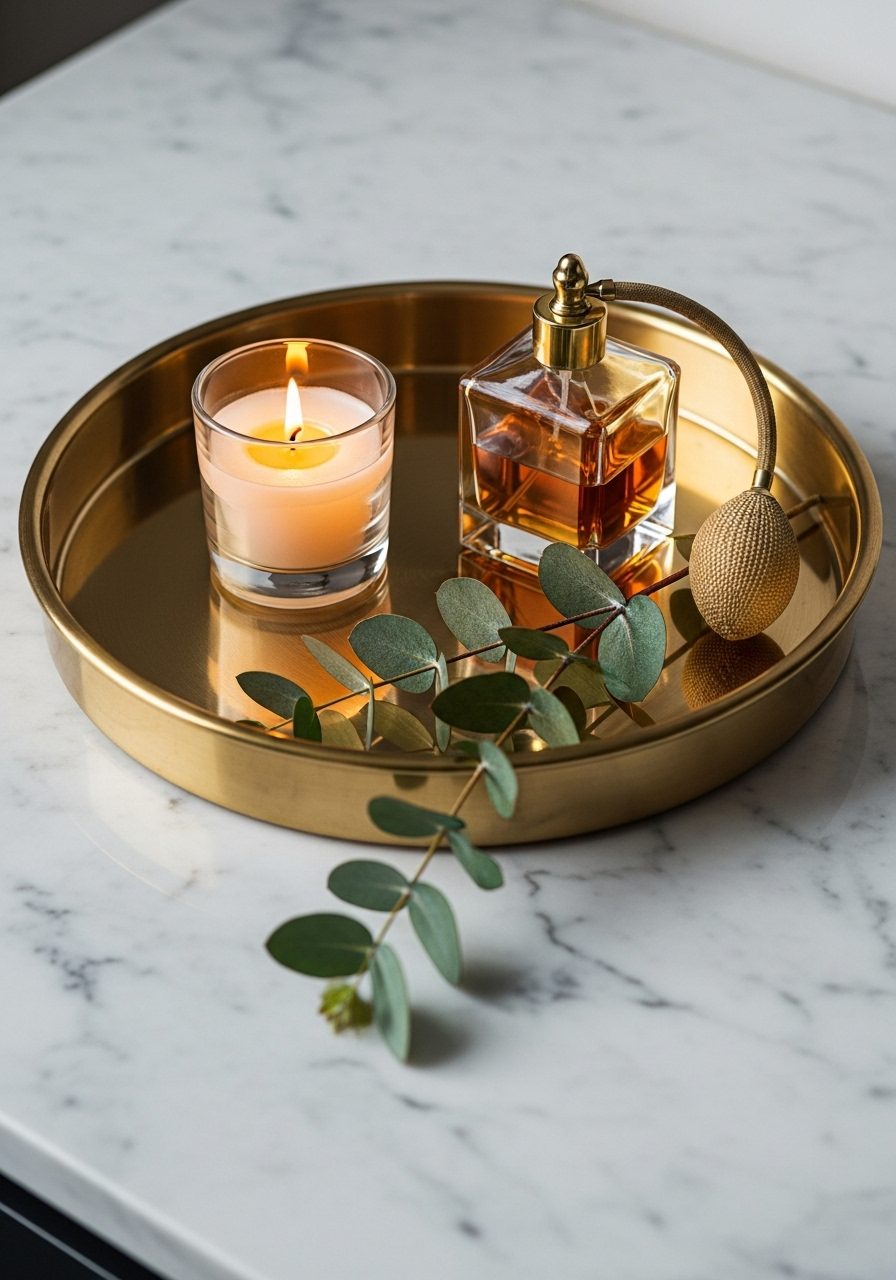 Brass tray with candle and greenery on a styled bathroom vanity