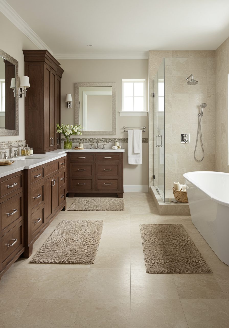 Brown bathroom cabinets paired with beige stone tile flooring and walk-in shower