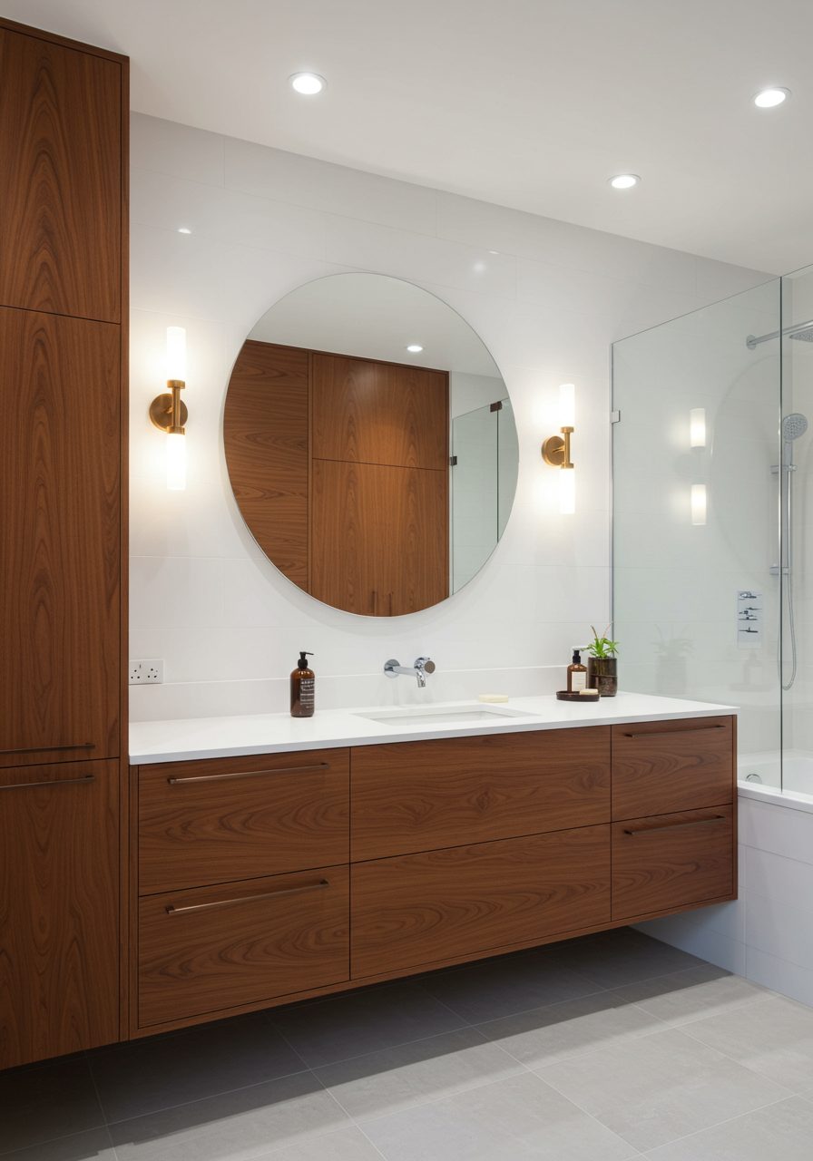 Brown bathroom vanity with round mirror and layered warm lighting setup