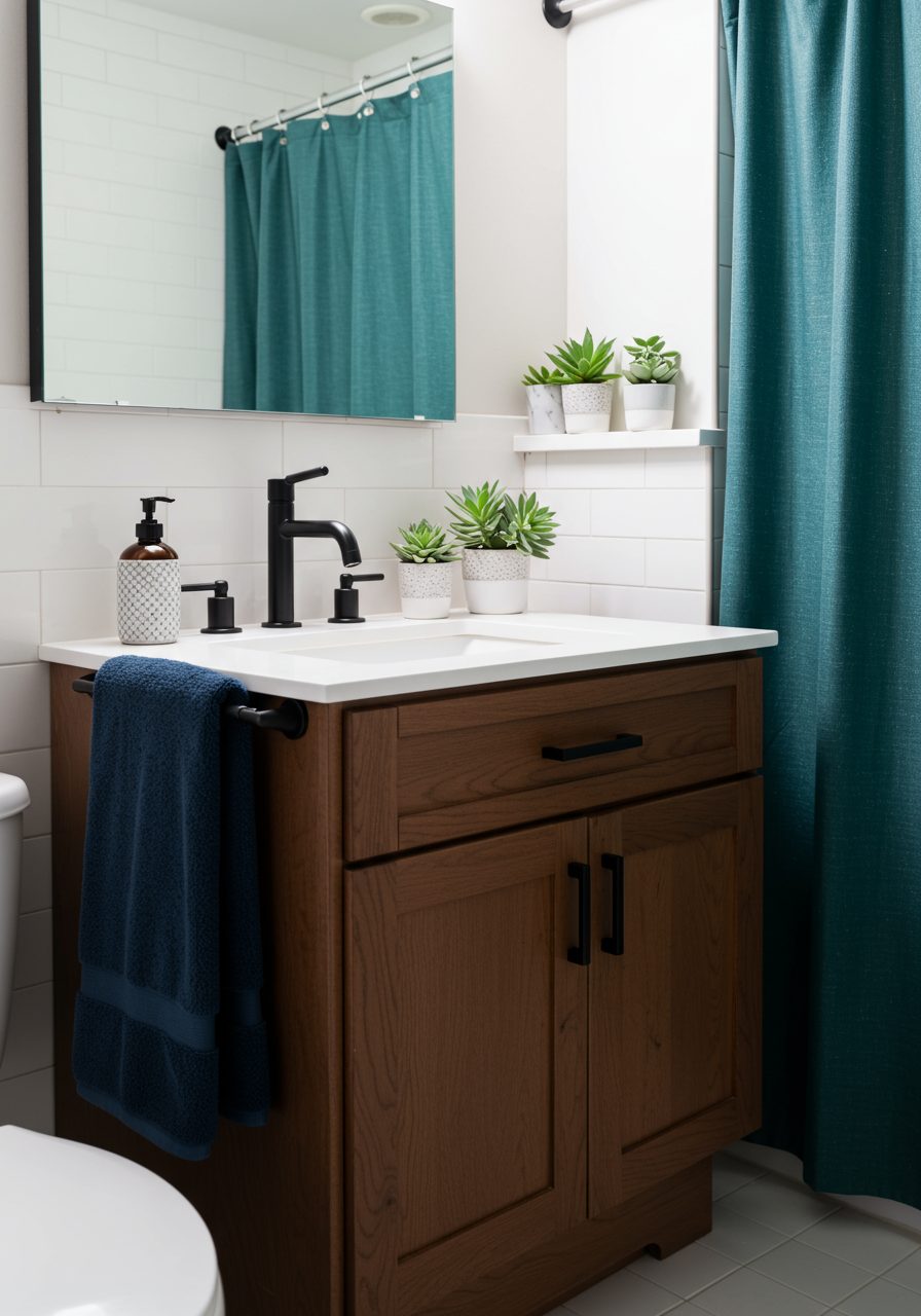 Brown cabinet bathroom with navy and teal accent accessories and black fixtures