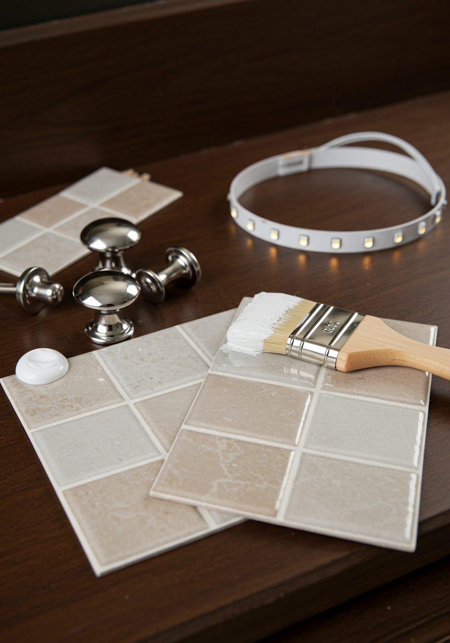 Budget bathroom update tools next to brown cabinet including knobs and paint